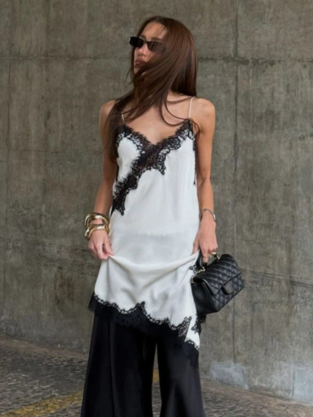 Forever 21 Spring Contrast Lace Trim Backless Spaghetti Strap Asymmetric Dress